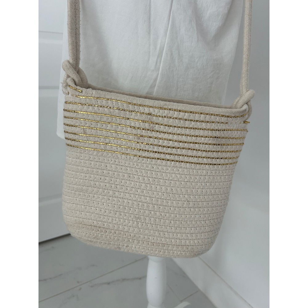 INC International Concepts Woven Rope Crossbody Bag Cream Gold Stripe Nautical